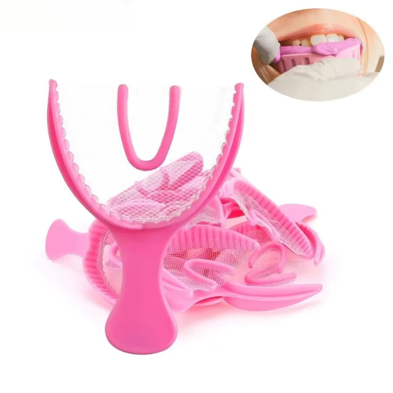 100/200Pcs Dental Bite Impression Trays Triple Registration Net Denture Tray with Mesh Disposable Plastic Teeth Holder Half Arch